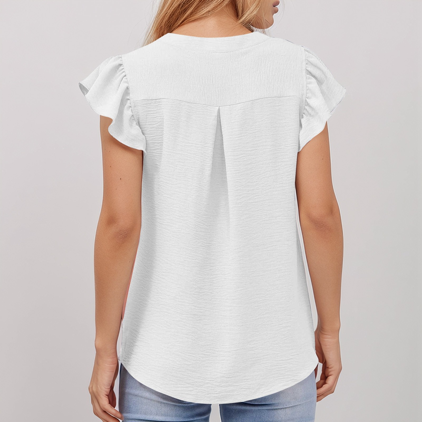 thumbnail image 4 of Blusa elegante informal con volantes en las mangas y cuello en V texturizado para mujer - Top de verano para el trabajo, 4 of 7